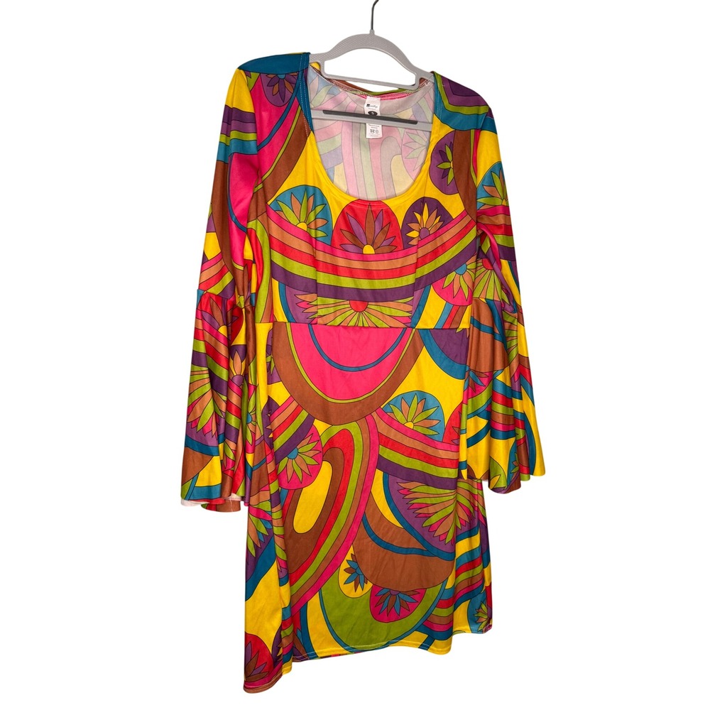 Smiffys Retro 60s Psychedelic Mini Dress Bell Sleeve Mod Gogo Yellow Multi Small